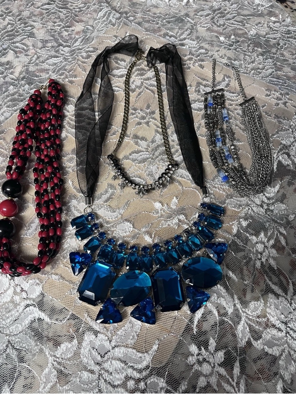 Statement Blue Crystal Bib Necklace with Black Organza Ribbon